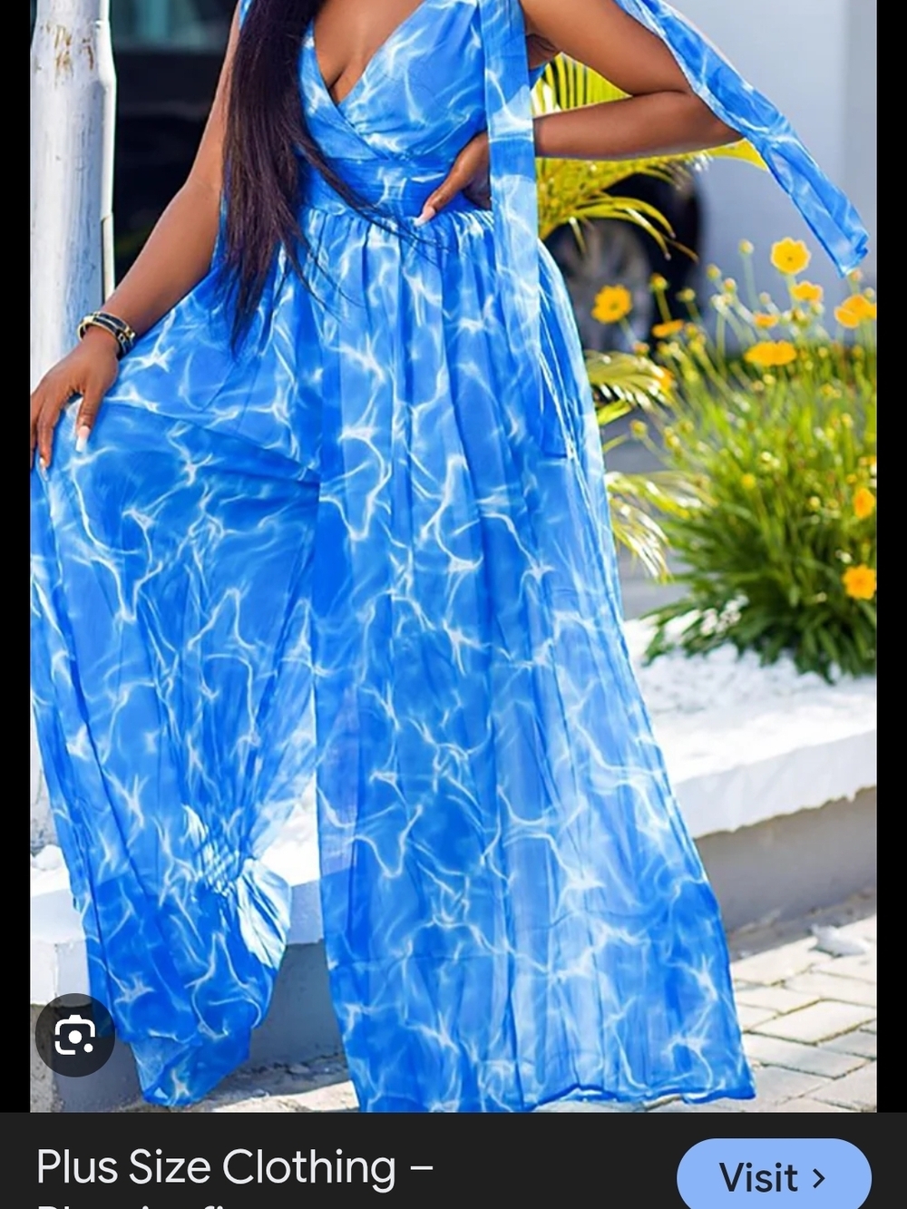 Fashion Nova Blue Water-Print Wide-Leg Jumpsuit